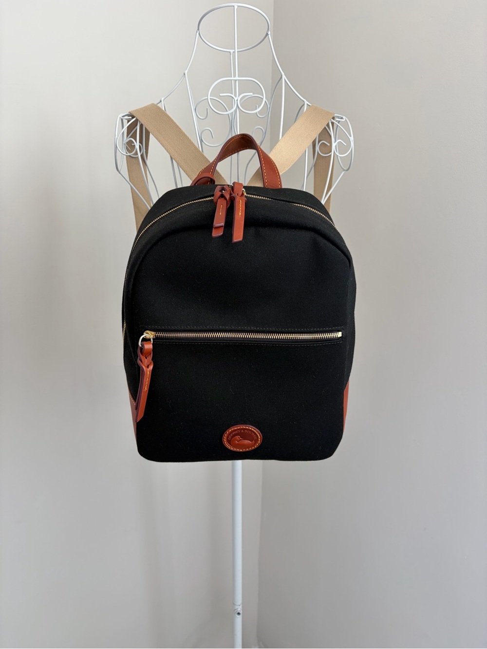 Dooney & Bourke Black Canvas Backpack with Brown Leather Trim